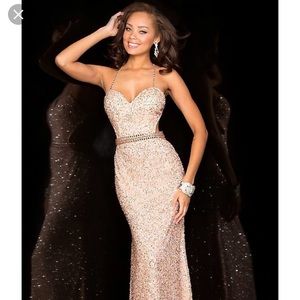 Scala Rose Gold Sequin Spaghetti-Strap Prom Gown